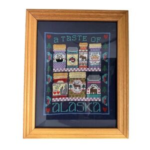 VTG A Taste of Alaska Framed Cross Stitch Wall Art Handmade Cabin Decor 15x12‎